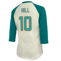 Tyreek Hill Miami Dolphins Majestic Threads Vintage Player Name & Number Raglan 3/4-Sleeve T-Shirt Cream/Aqua