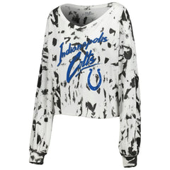 Jonathan Taylor Indianapolis Colts Majestic Threads Women's Off-Shoulder Tie-Dye Name & Number Cropped Long Sleeve V-Neck T-Shirt White