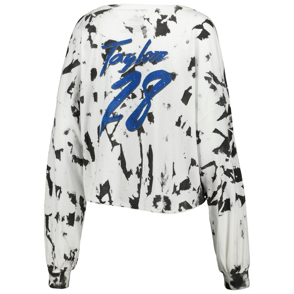 Jonathan Taylor Indianapolis Colts Majestic Threads Women's Off-Shoulder Tie-Dye Name & Number Cropped Long Sleeve V-Neck T-Shirt White