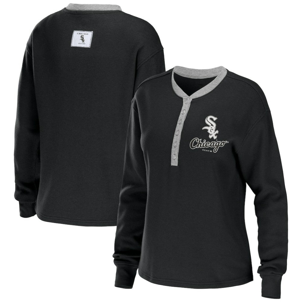 Chicago White Sox WEAR by Erin Andrews Women's Waffle Henley Long Sleeve T-Shirt - Black T-shirts