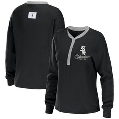 Chicago White Sox WEAR by Erin Andrews Women's Waffle Henley Long Sleeve T-Shirt - Black T-shirts