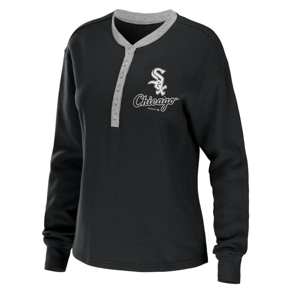 Chicago White Sox WEAR by Erin Andrews Women's Waffle Henley Long Sleeve T-Shirt - Black T-shirts