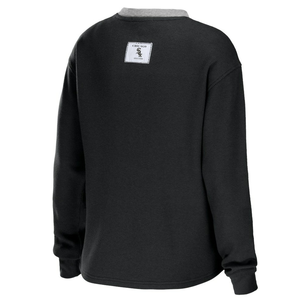 Chicago White Sox WEAR by Erin Andrews Women's Waffle Henley Long Sleeve T-Shirt - Black T-shirts