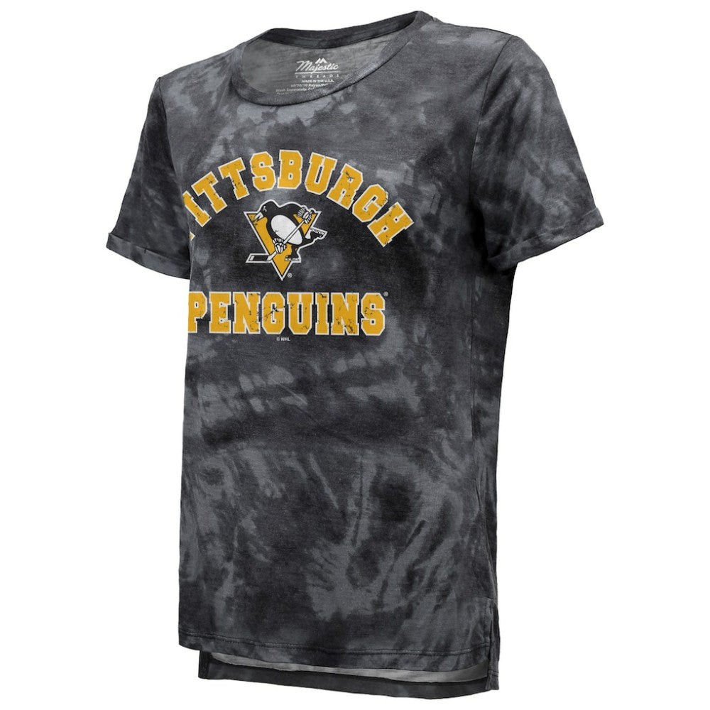 NHL Pittsburgh Penguins Majestic Threads Women's Boyfriend Tie-Dye Tri-Blend T-Shirt - Black