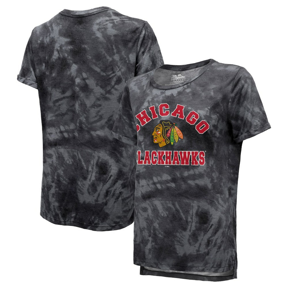 NHL Chicago Blackhawks Majestic Threads Women's Boyfriend Tie-Dye Tri-Blend T-Shirt - Black