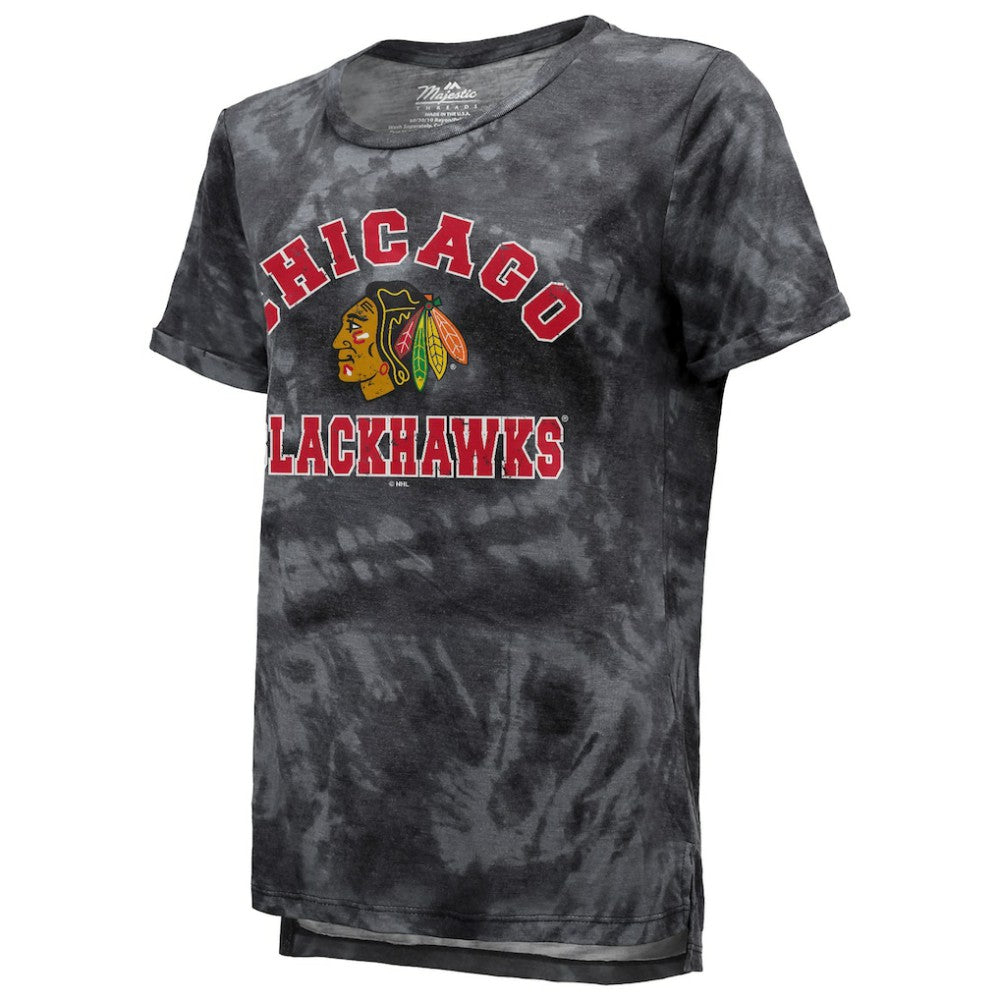 NHL Chicago Blackhawks Majestic Threads Women's Boyfriend Tie-Dye Tri-Blend T-Shirt - Black