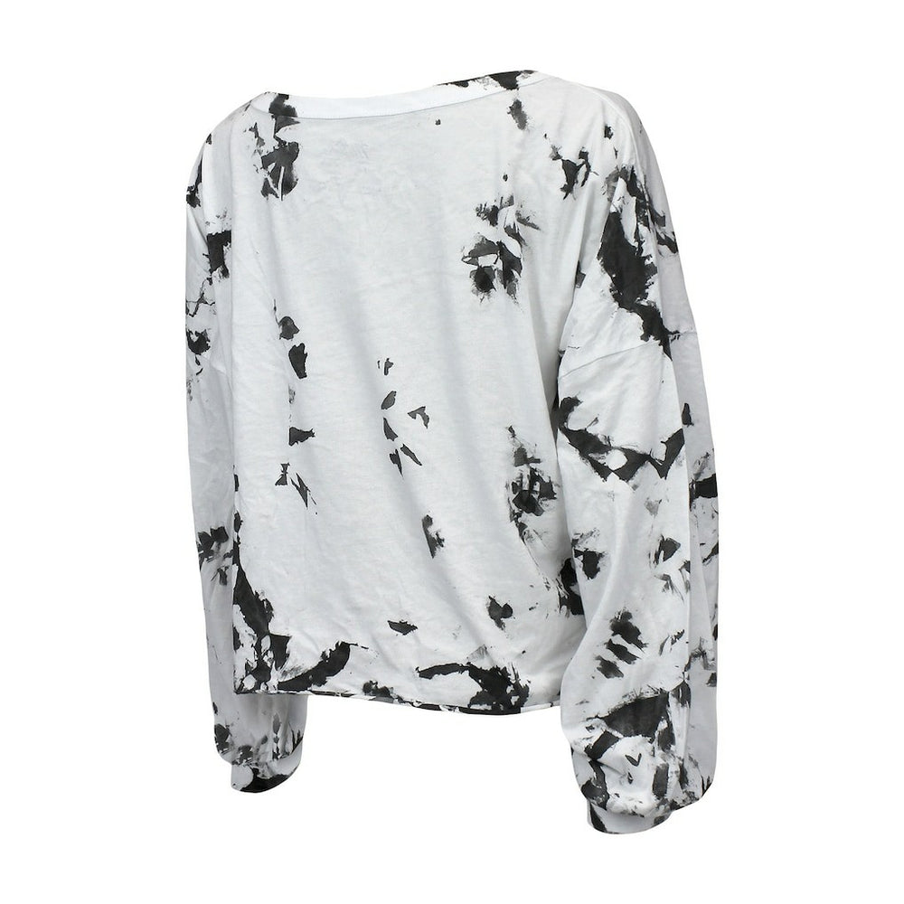 Brooklyn Nets Majestic Threads Women's Aquarius Tie-Dye Cropped V-Neck Long Sleeve T-Shirt White/Black