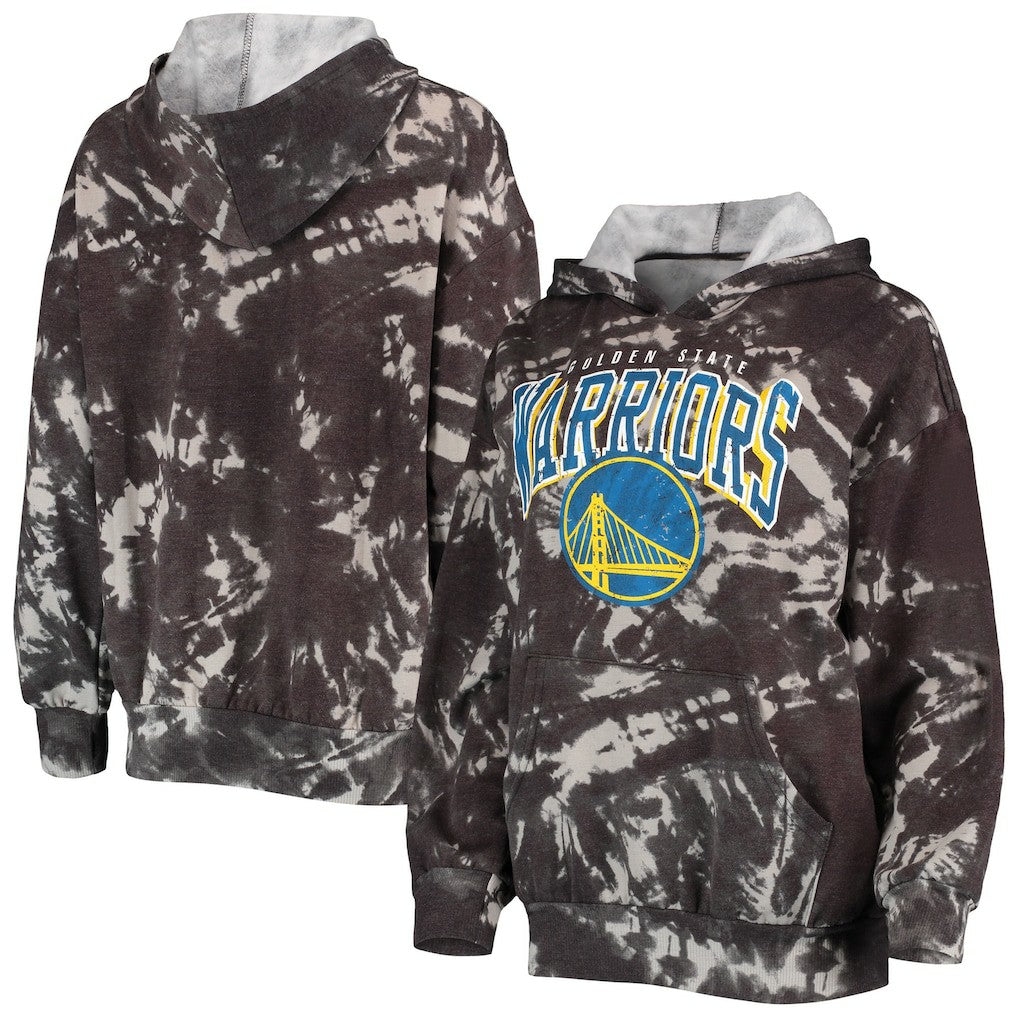 Golden State Warriors Majestic Threads Women's Burble Tie-Dye Tri-Blend Pullover Hoodie Black
