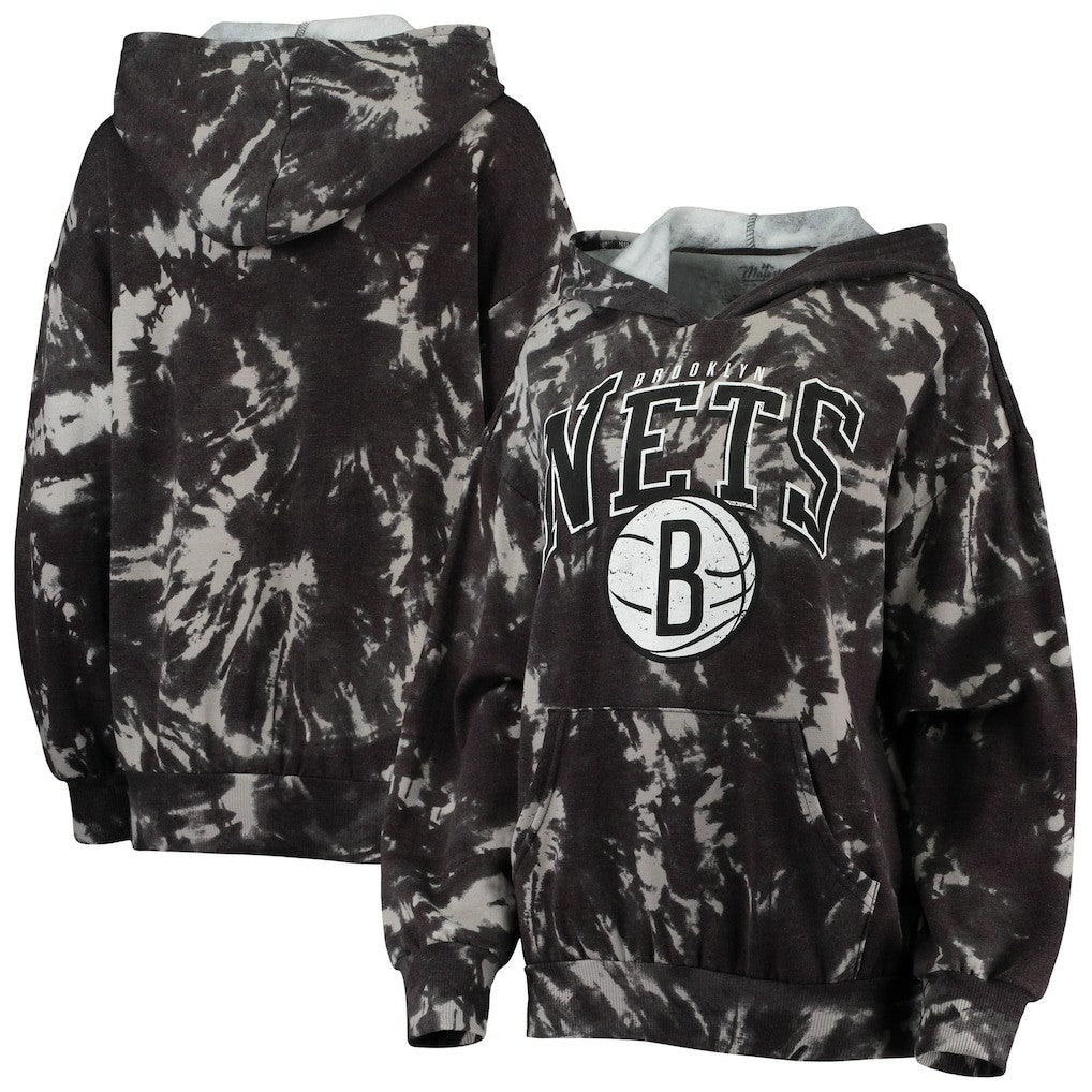 Brooklyn Nets Majestic Threads Women's Burble Tie-Dye Tri-Blend Pullover Hoodie Black