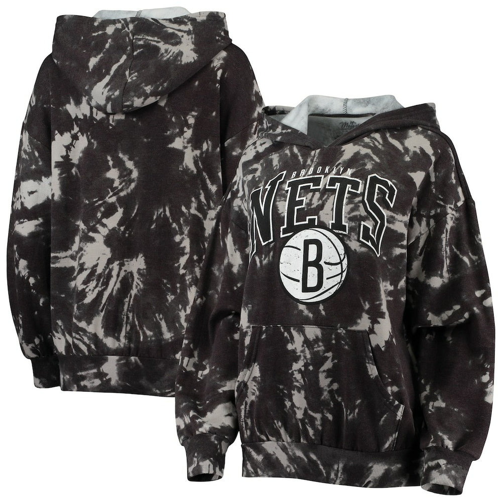 Brooklyn Nets Majestic Threads Women's Burble Tie-Dye Tri-Blend Pullover Hoodie Black