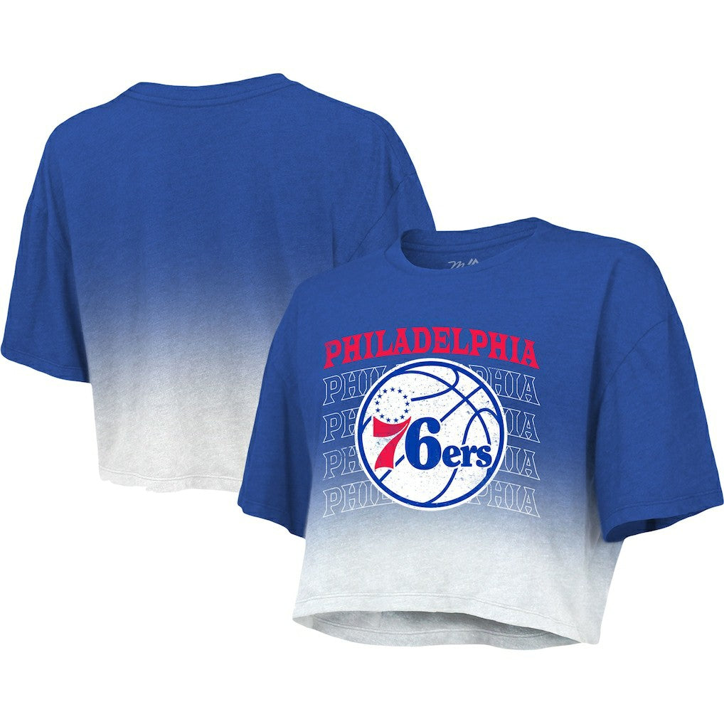 Philadelphia 76ers Majestic Threads Women's Repeat Dip-Dye Cropped T-Shirt Royal/White