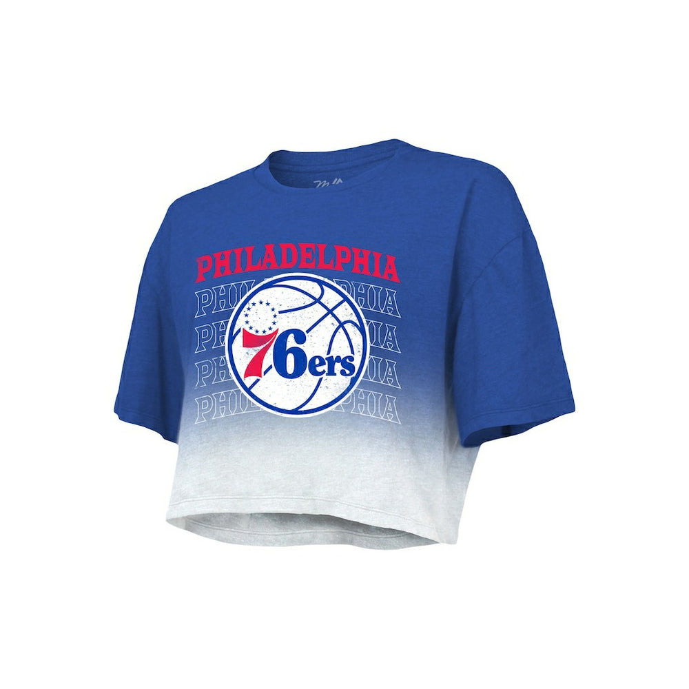 Philadelphia 76ers Majestic Threads Women's Repeat Dip-Dye Cropped T-Shirt Royal/White