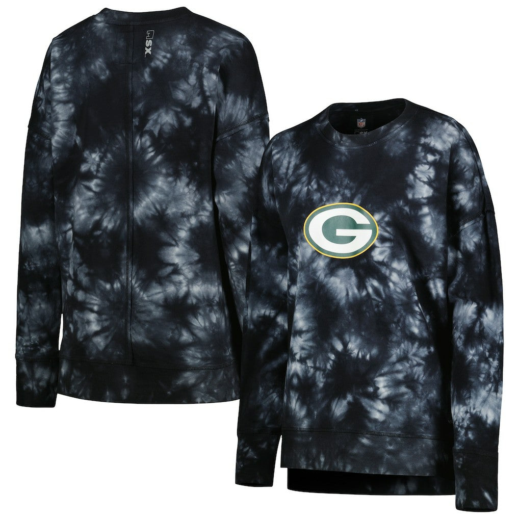 Green Bay Packers MSX by Michael Strahan Women's Bailey Tie-Dye Tri-Blend Pullover Sweatshirt Black