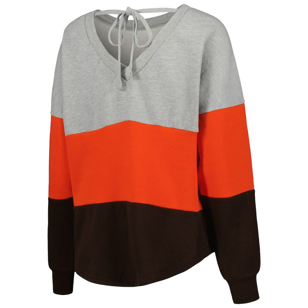 Cleveland Browns Touch Women's Outfield Deep V-Back Waist Length Pullover Sweatshirt Heather Gray/Brown