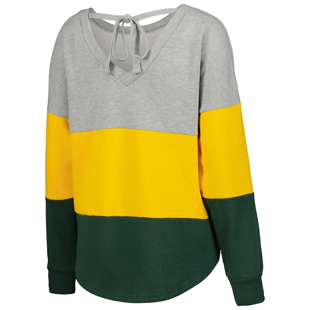 Green Bay Packers Touch Women's Outfield Deep V-Back Waist Length Pullover Sweatshirt Heather Gray/Green