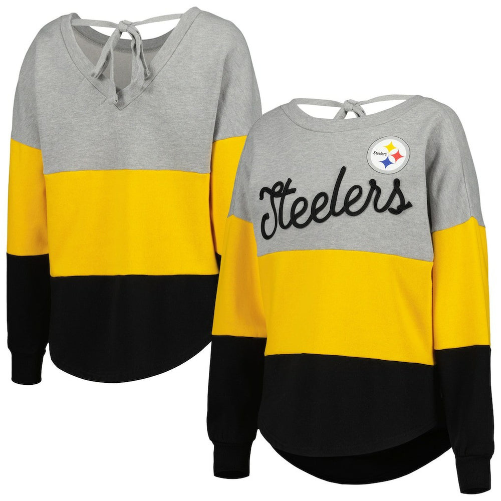Pittsburgh Steelers Touch Women's Outfield Deep V-Back Waist Length Pullover Sweatshirt Heather Gray/Black