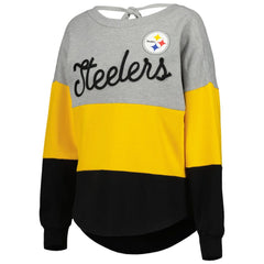 Pittsburgh Steelers Touch Women's Outfield Deep V-Back Waist Length Pullover Sweatshirt Heather Gray/Black