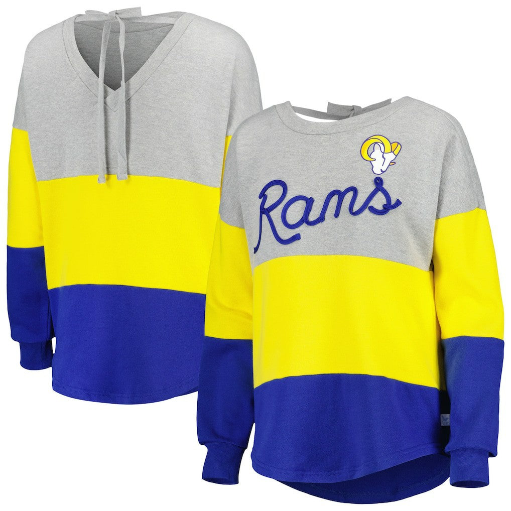 Los Angeles Rams Touch Women's Outfield Deep V-Back Waist Length Pullover Sweatshirt Heather Gray/Royal
