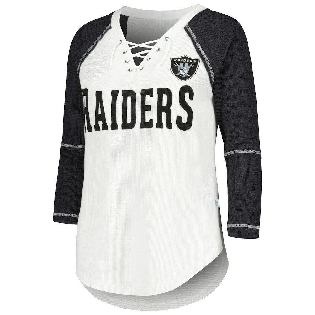 Las Vegas Raiders Touch Women's Rebel Raglan Tri-Blend 3/4-Sleeve Lace-Up V-Neck T-Shirt White/Black