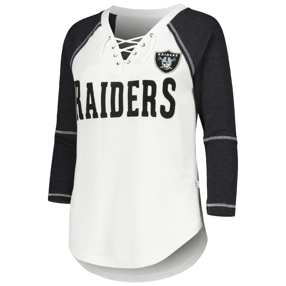 Las Vegas Raiders Touch Women's Rebel Raglan Tri-Blend 3/4-Sleeve Lace-Up V-Neck T-Shirt White/Black