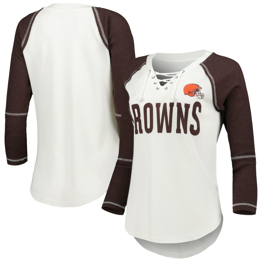 Cleveland Browns Touch Women's Rebel Raglan Tri-Blend 3/4-Sleeve Lace-Up V-Neck T-Shirt White/Brown