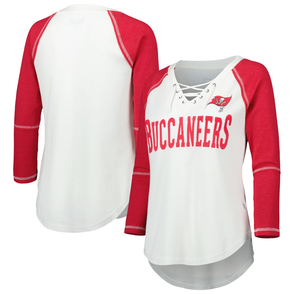 Tampa Bay Buccaneers Touch Women's Rebel Raglan Tri-Blend 3/4-Sleeve Lace-Up V-Neck T-Shirt White/Red