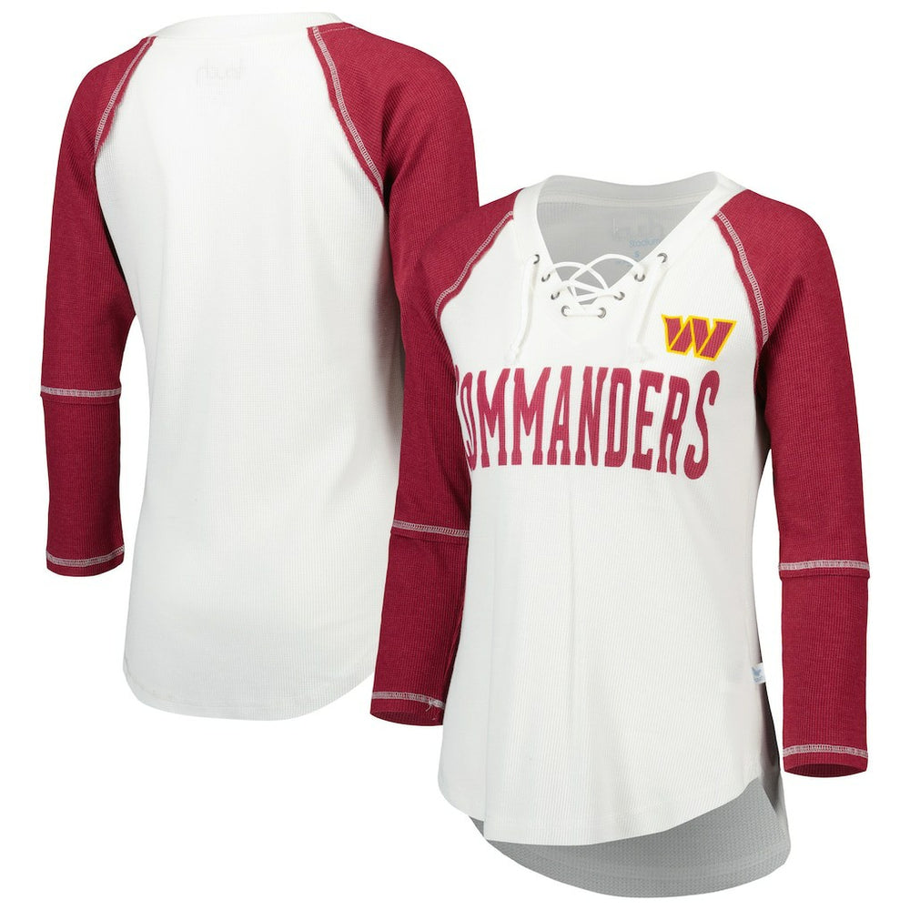 Washington Commanders Touch Women's Rebel Raglan Tri-Blend 3/4-Sleeve Lace-Up V-Neck T-Shirt White/Burgundy