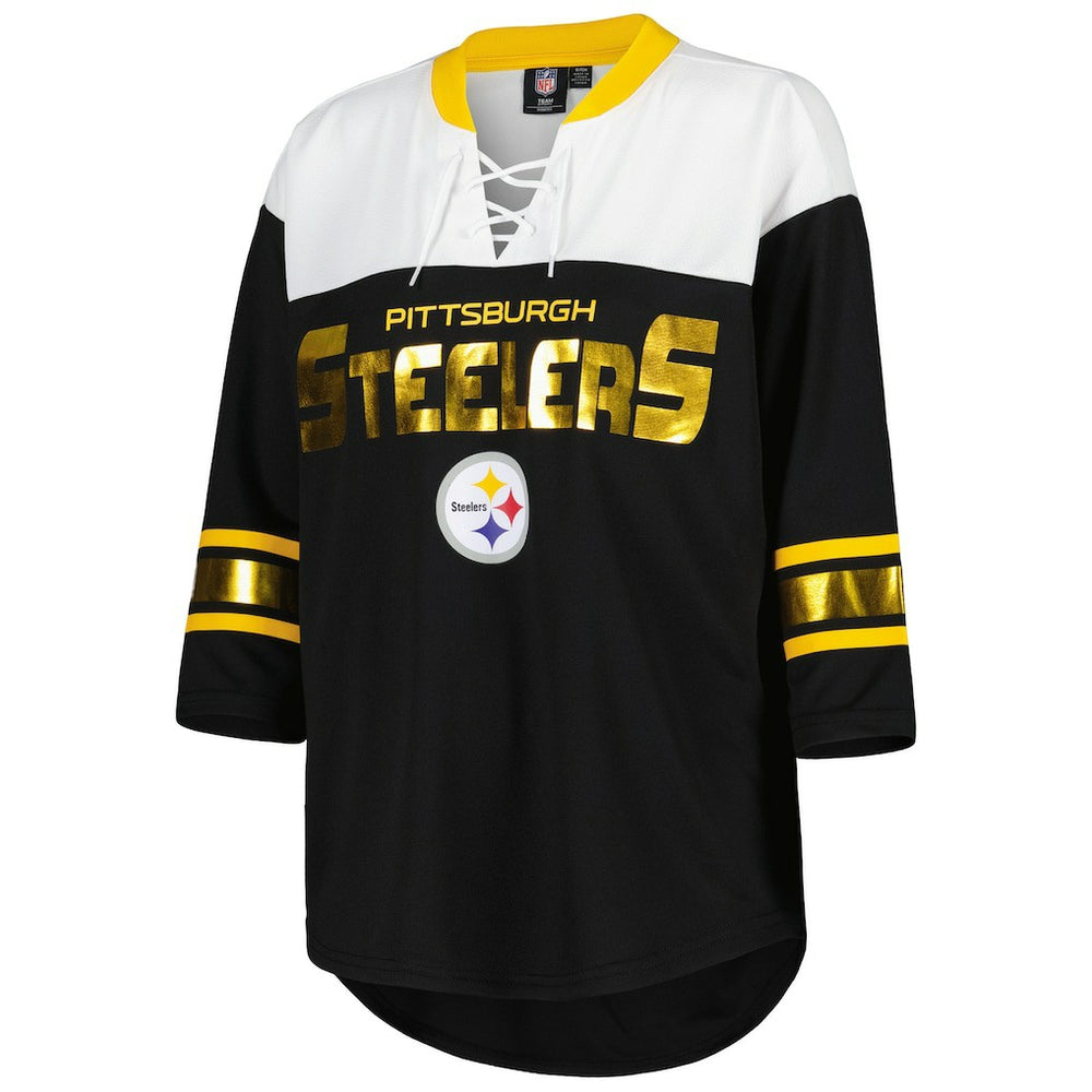 Pittsburgh Steelers G-III 4Her by Carl Banks Women's Double Team 3/4-Sleeve Lace-Up T-Shirt Black/White