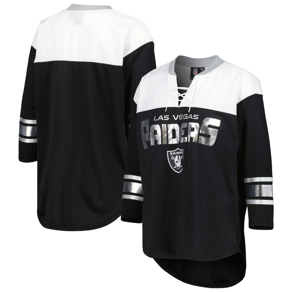 Las Vegas Raiders G-III 4Her by Carl Banks Women's Double Team 3/4-Sleeve Lace-Up T-Shirt Black/White