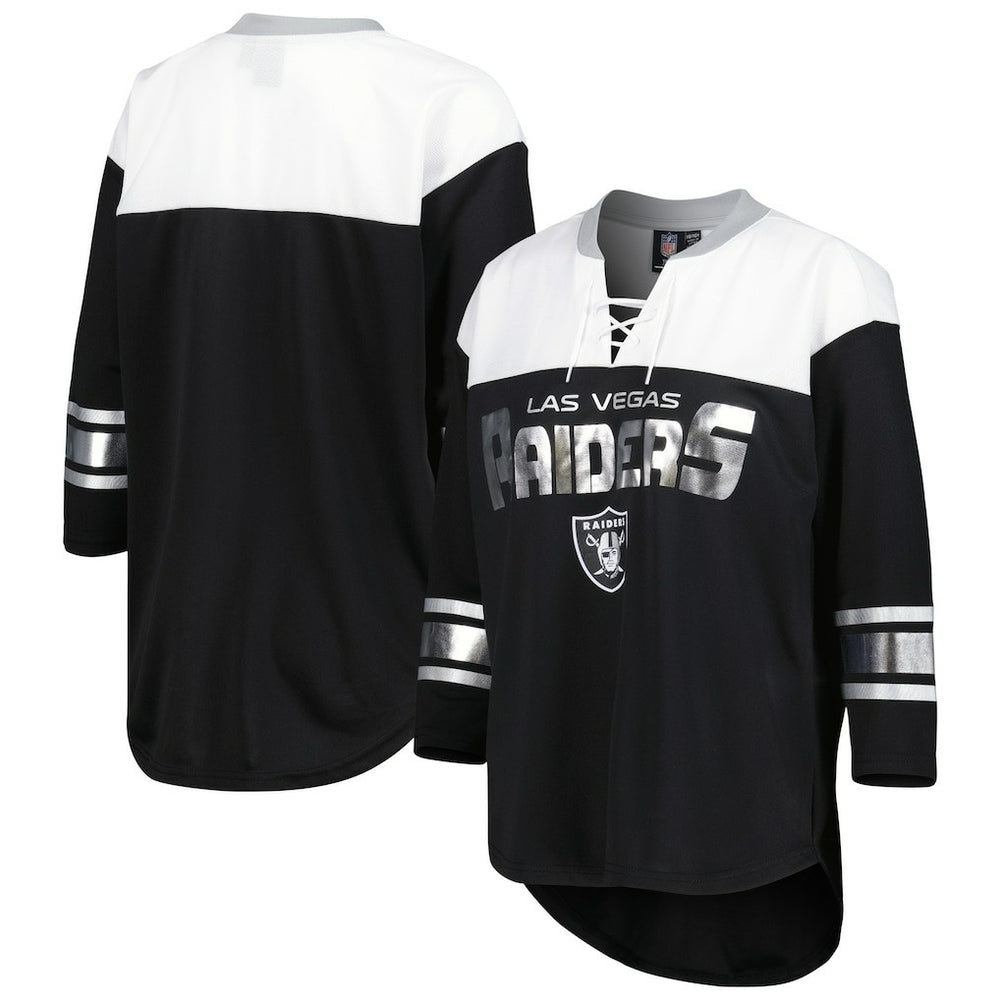 Las Vegas Raiders G-III 4Her by Carl Banks Women's Double Team 3/4-Sleeve Lace-Up T-Shirt Black/White