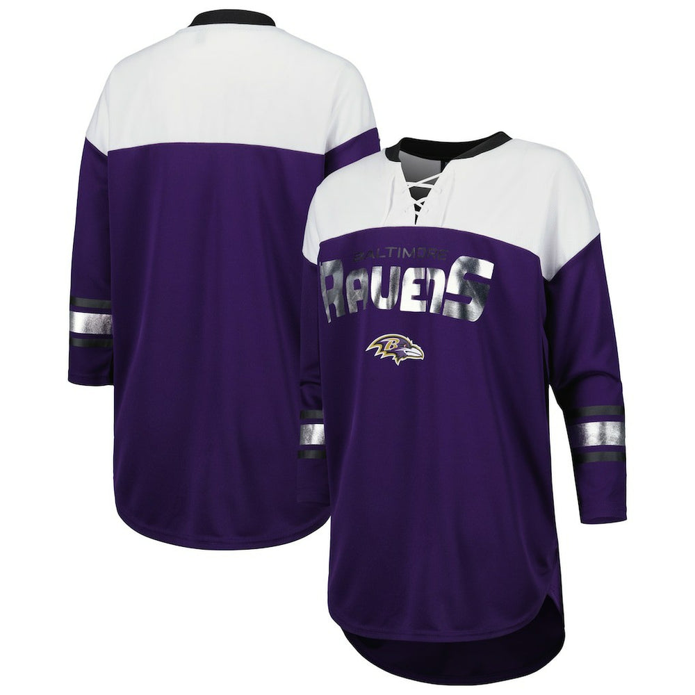 Baltimore Ravens G-III 4Her by Carl Banks Women's Double Team 3/4-Sleeve Lace-Up T-Shirt Purple/White