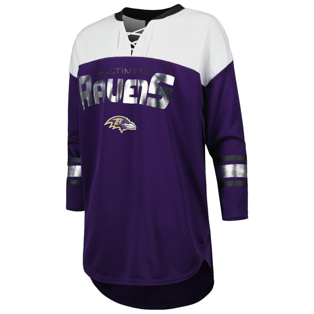 Baltimore Ravens G-III 4Her by Carl Banks Women's Double Team 3/4-Sleeve Lace-Up T-Shirt Purple/White