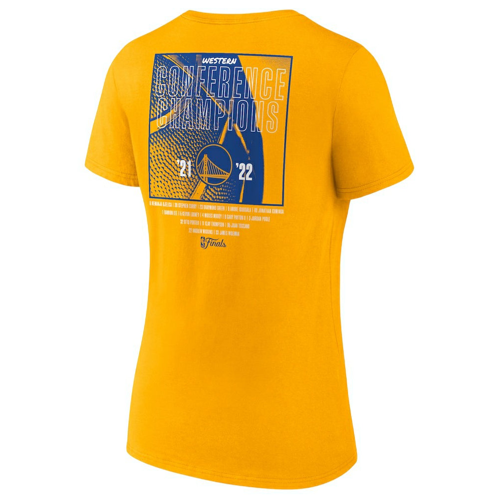Golden State Warriors Women's 2022 Western Conference Champions Balanced Attack Roster V-Neck T-Shirt Gold