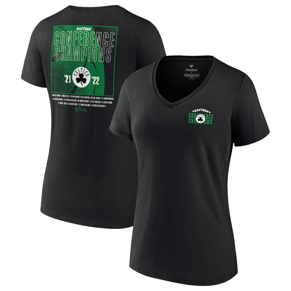 Boston Celtics Women's 2022 Eastern Conference Champions Balanced Attack Roster V-Neck T-Shirt Black