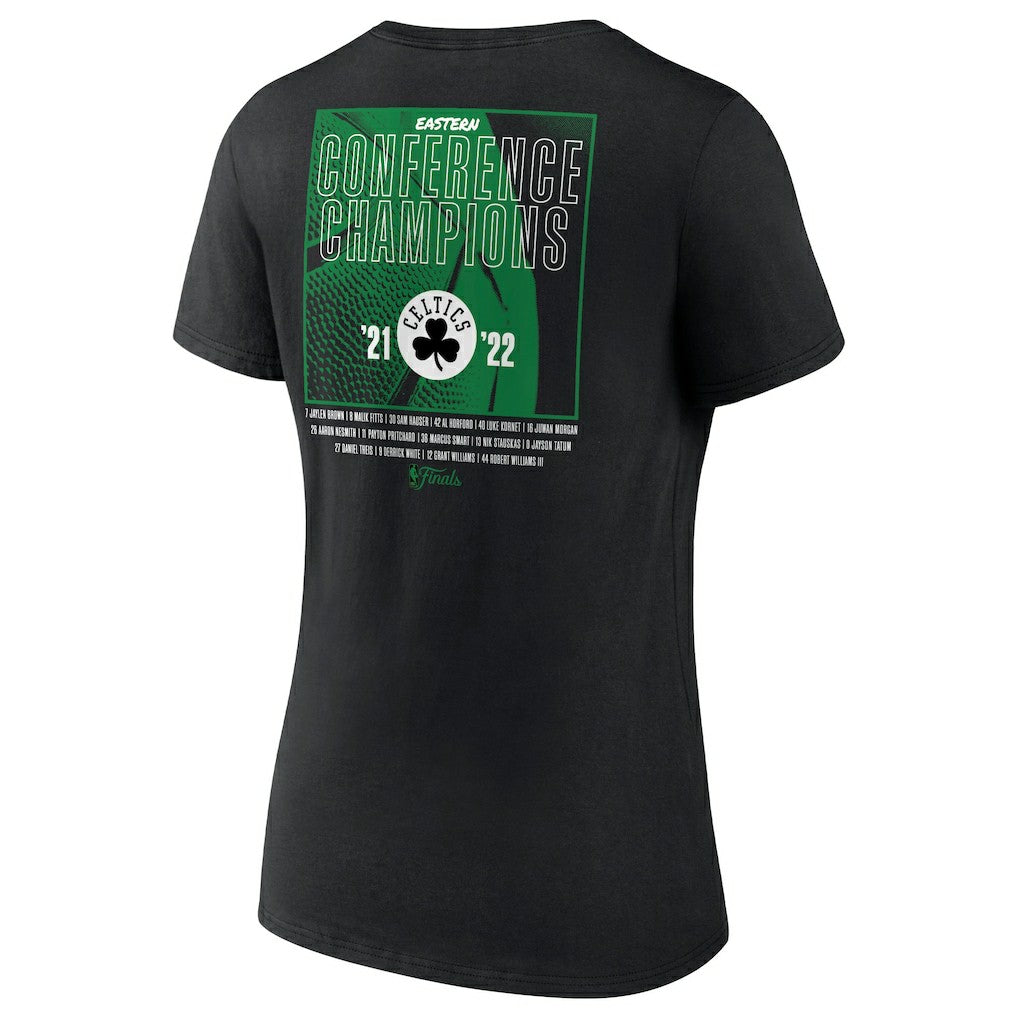 Boston Celtics Women's 2022 Eastern Conference Champions Balanced Attack Roster V-Neck T-Shirt Black