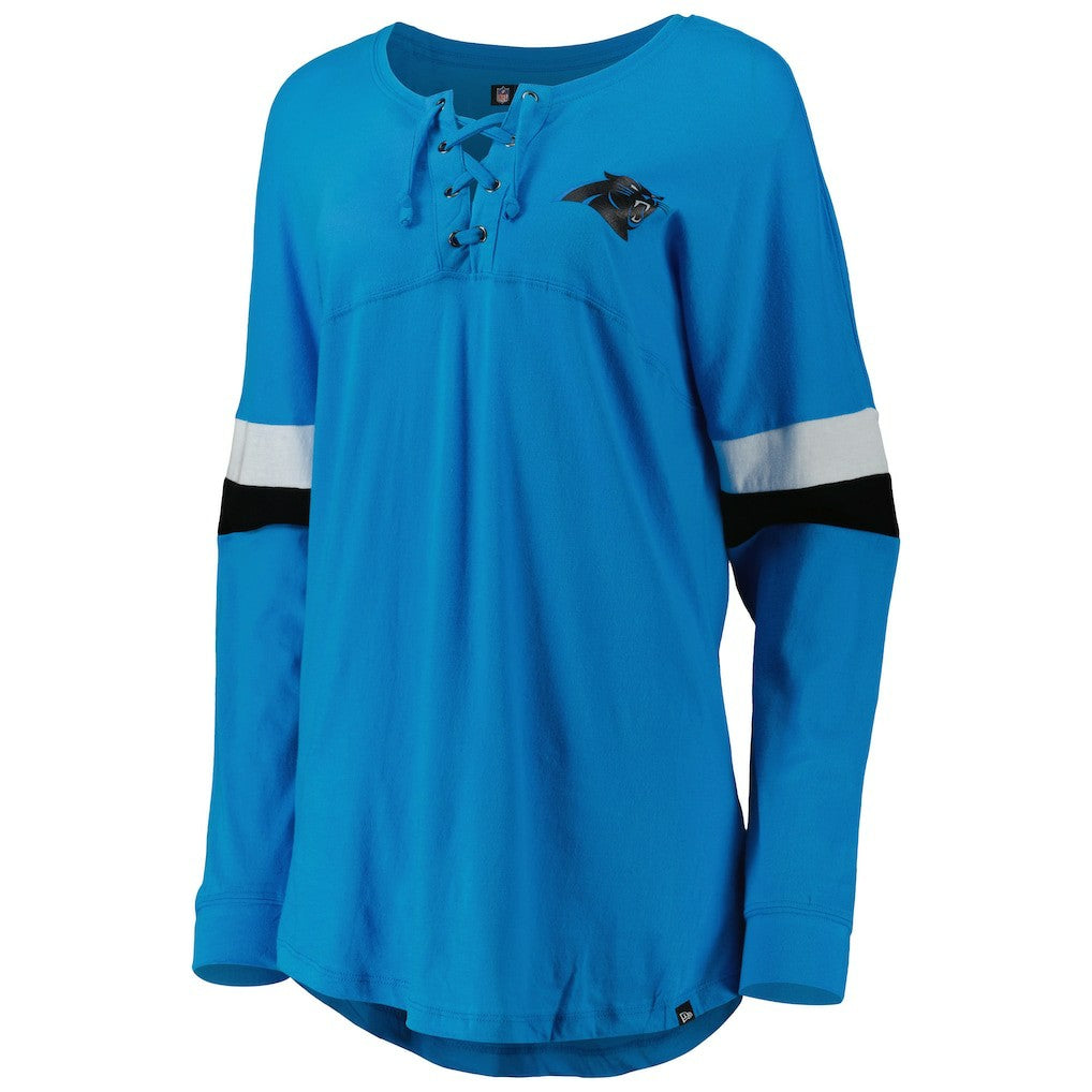 Carolina Panthers New Era Women's Athletic Varsity Lace-Up Lightweight Long Sleeve T-Shirt Blue