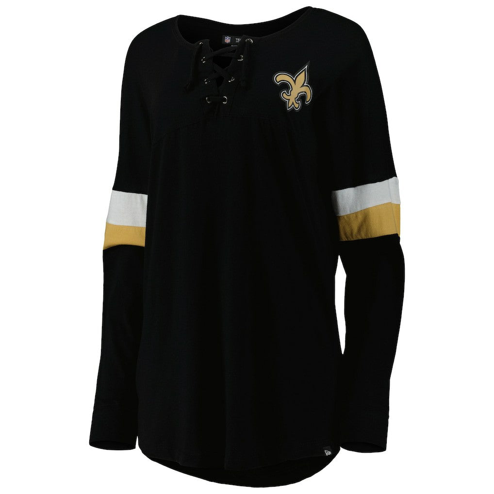 New Orleans Saints New Era Women's Athletic Varsity Lace-Up Lightweight Long Sleeve T-Shirt Black
