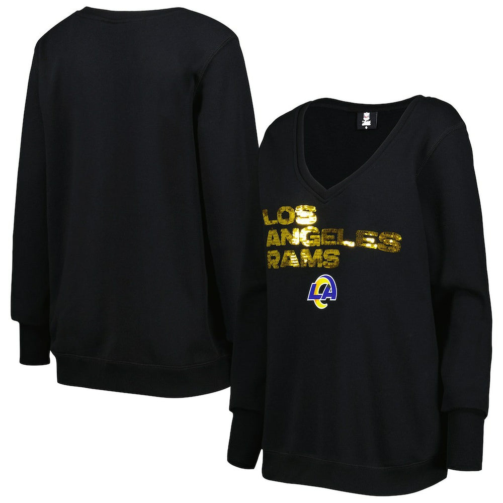 Los Angeles Rams Cuce Women's Sequin Logo V-Neck Pullover Sweatshirt Black