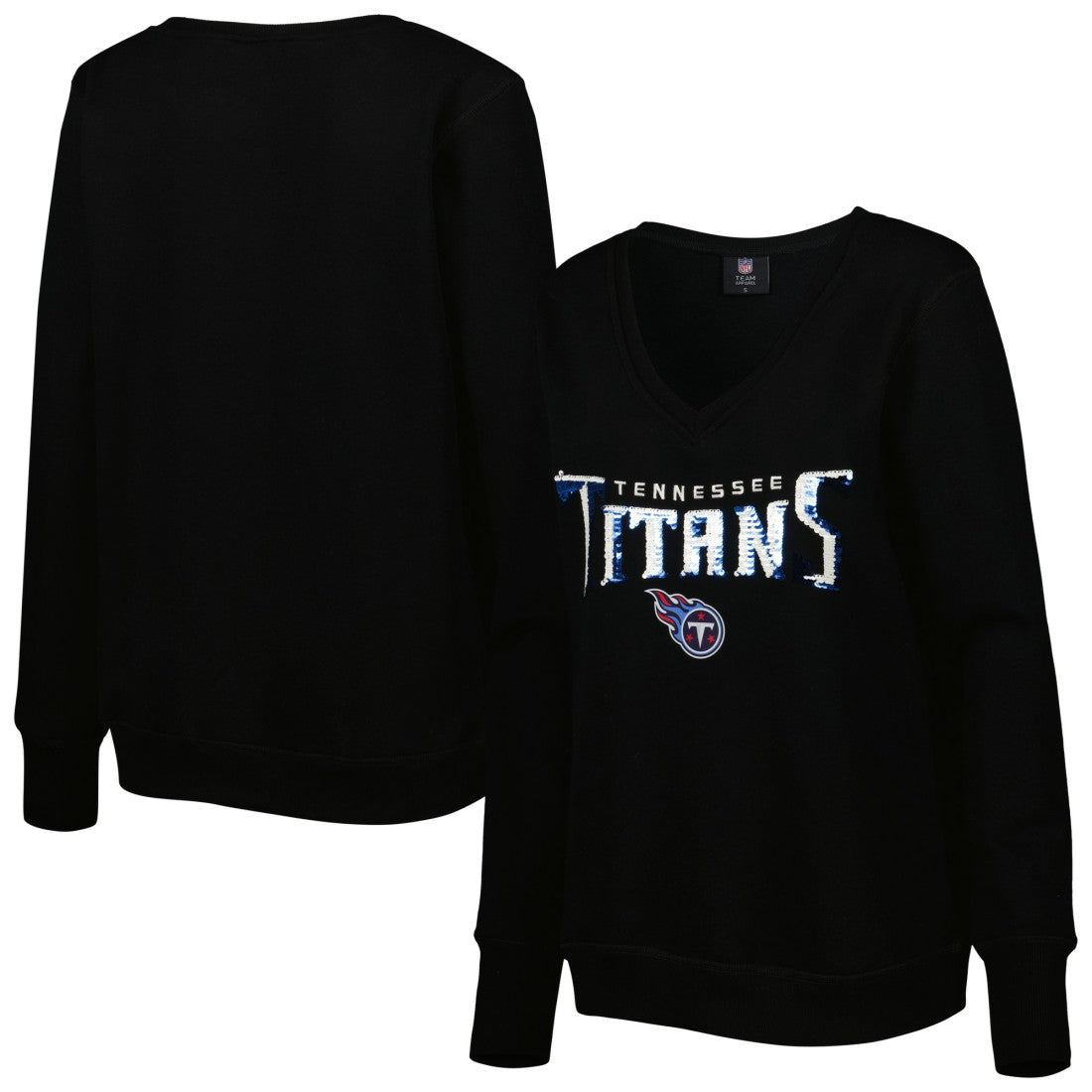 Tennessee Titans Cuce Women's Sequin Logo V-Neck Pullover Sweatshirt Black