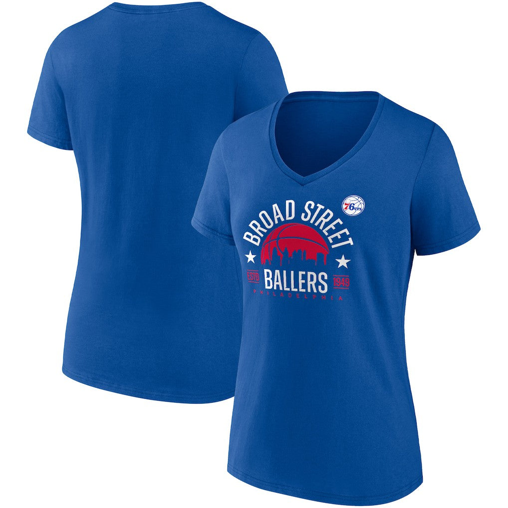 Philadelphia 76ers Women's Hometown Collection Broad Street Ballers V-Neck T-Shirt Royal
