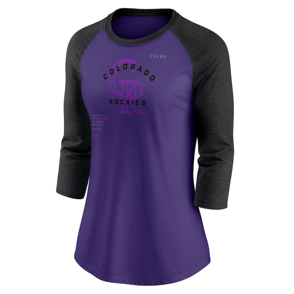 Colorado Rockies Nike Women's Next Up Tri-Blend Raglan 3/4-Sleeve T-Shirt - Purple/Black T-shirts