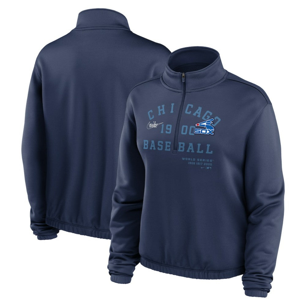 Chicago White Sox Nike Women's Rewind Splice Half-Zip Semi-Cropped Bubble Hem Sweatshirt - Navy Sweatshirts