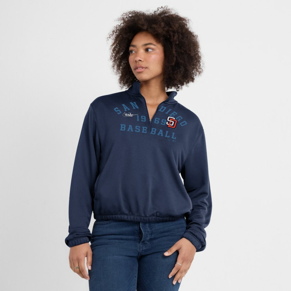 San Diego Padres Nike Women's Rewind Splice Half-Zip Semi-Cropped Bubble Hem Sweatshirt - Navy Sweatshirts