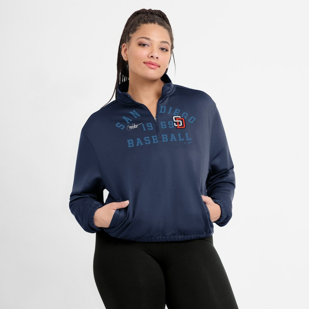 San Diego Padres Nike Women's Rewind Splice Half-Zip Semi-Cropped Bubble Hem Sweatshirt - Navy Sweatshirts