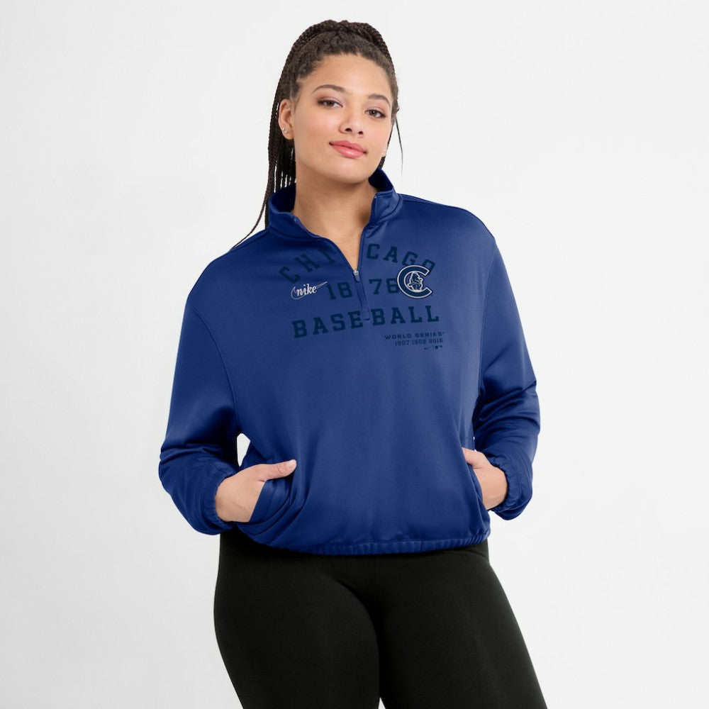 Chicago Cubs Nike Women's Rewind Splice Half-Zip Semi-Cropped Bubble Hem Sweatshirt - Royal Sweatshirts