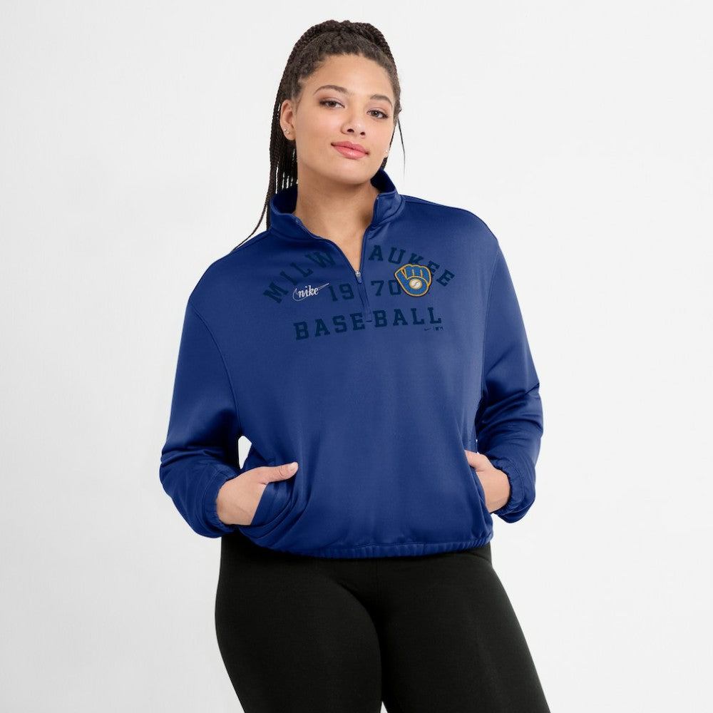 Milwaukee Brewers Nike Women's Rewind Splice Half-Zip Semi-Cropped Bubble Hem Sweatshirt - Royal Sweatshirts