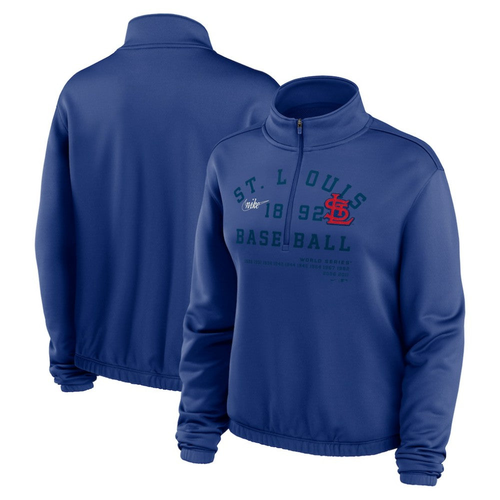 St. Louis Cardinals Nike Women's Rewind Splice Half-Zip Semi-Cropped Bubble Hem Sweatshirt - Royal Sweatshirts