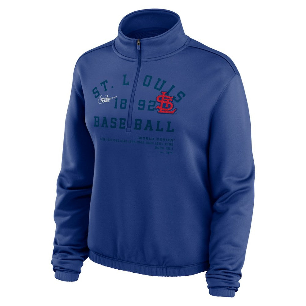 St. Louis Cardinals Nike Women's Rewind Splice Half-Zip Semi-Cropped Bubble Hem Sweatshirt - Royal Sweatshirts