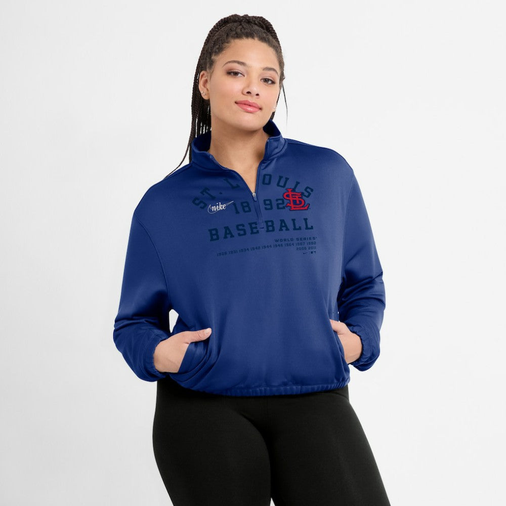St. Louis Cardinals Nike Women's Rewind Splice Half-Zip Semi-Cropped Bubble Hem Sweatshirt - Royal Sweatshirts