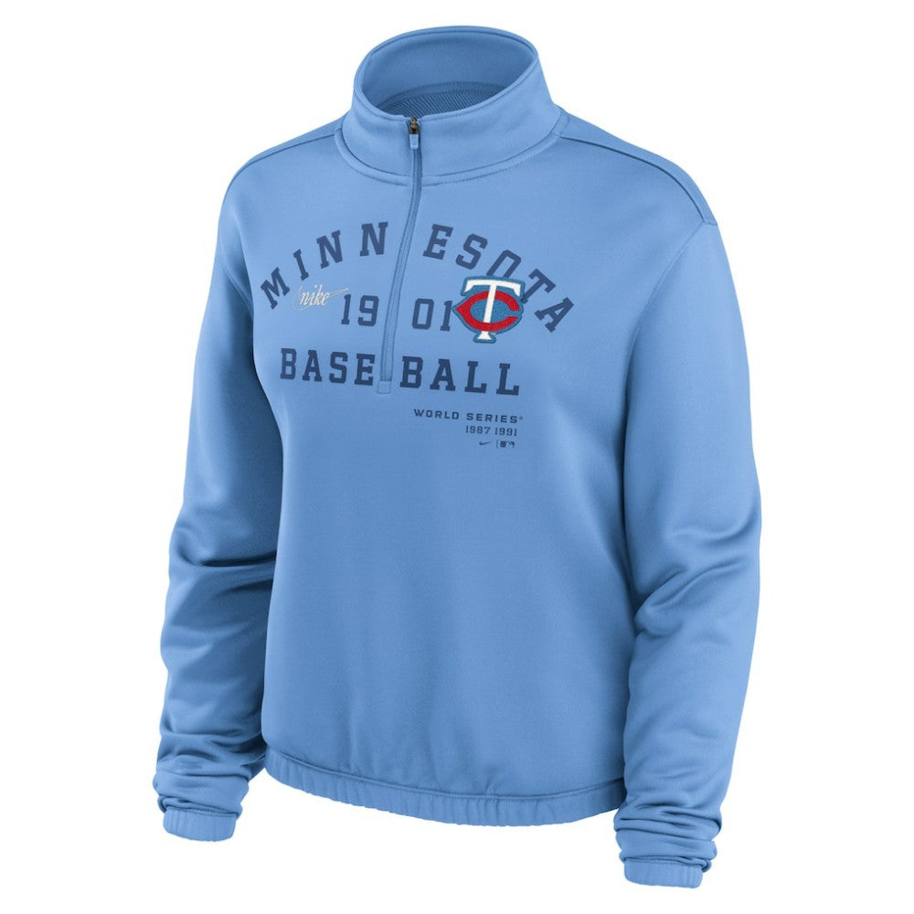 Minnesota Twins Nike Women's Rewind Splice Half-Zip Semi-Cropped Bubble Hem Sweatshirt - Light Blue Sweatshirts
